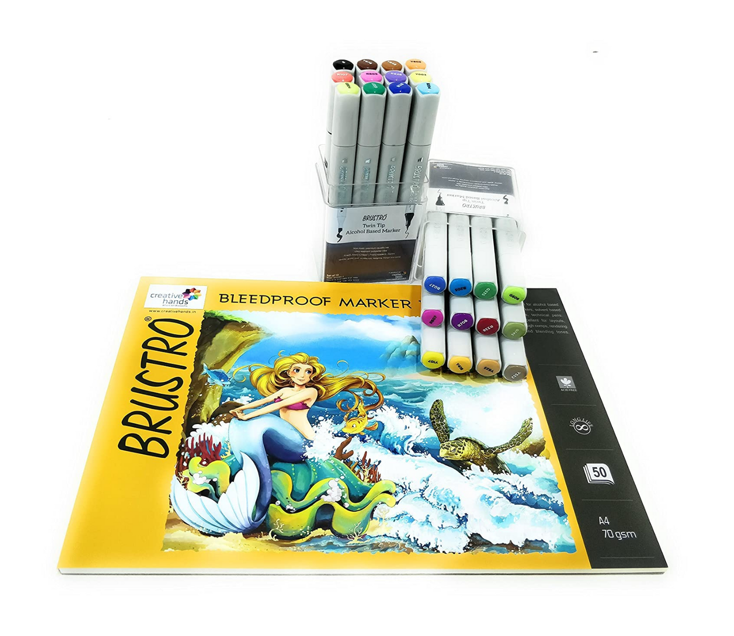 Brustro Twin Tip Alcohol Based Marker Set of 12 Basic A & Set of 12 Basic B with Brustro Bleedproof Marker Pad 70 GSM A4 (Contains 50 Sheets)