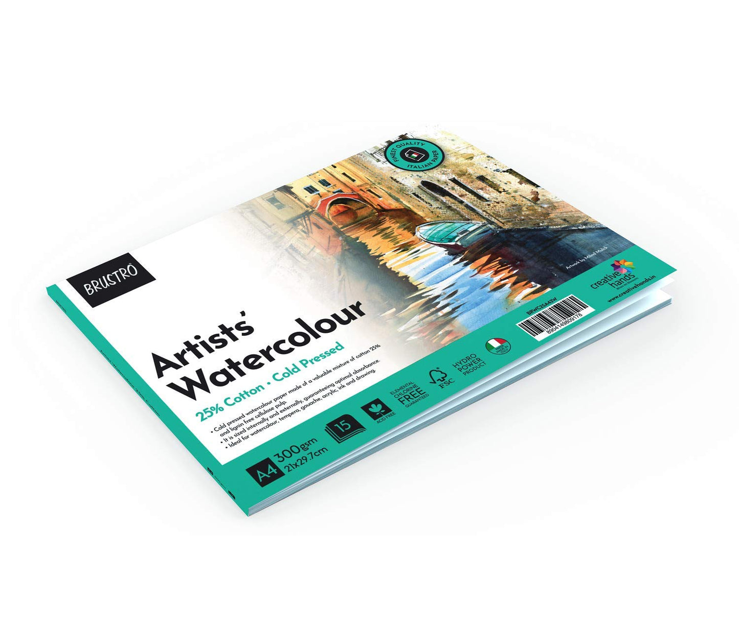 BRUSTRO Artists Natural Hair MOP Brush Set of 4 (0, 2, 4, 8) with Artist Watercolour Pad Cold Pressed 300 GSM 25% Cotton A4 - (12 + 4 Free Sheets)