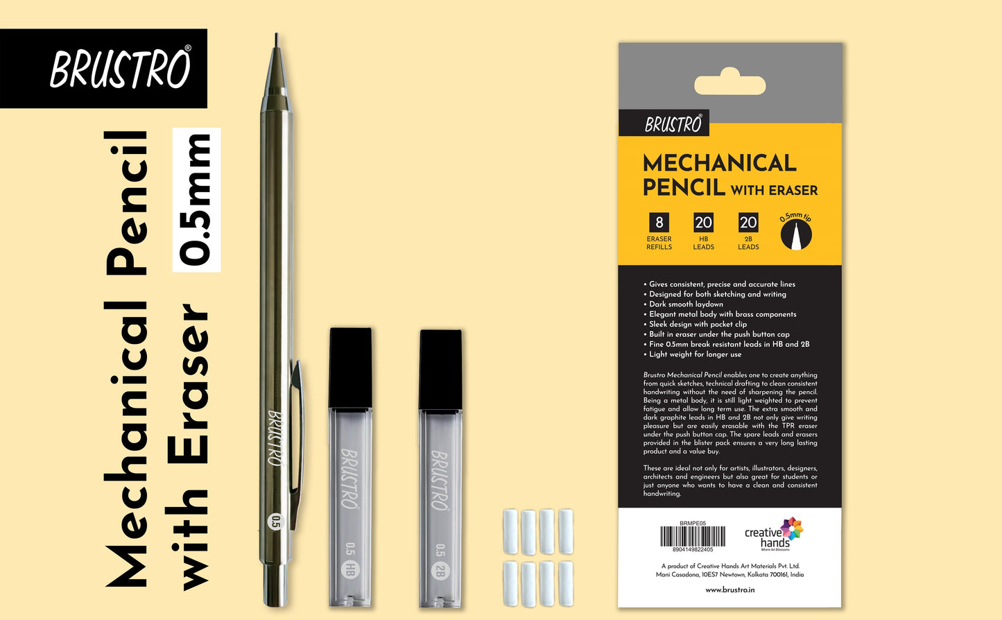 BRUSTRO Mechanical Pencil Set | HB-20 leads, 2B-20 leads, Spare eraser- 8 units|Tip size- 0.5 mm |Ideal for Students,Adults, Home,School,Office,Stationery Use |Writing, Sketching, Drawing, Mandala Art