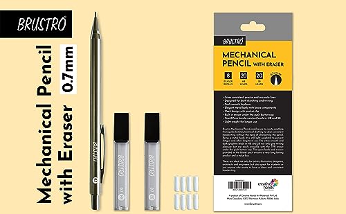 BRUSTRO Mechanical Pencil Set | HB-20 leads, 2B-20 leads,Spare eraser 8 units|Tip size 0.7 mm | Ideal for Students,Adults, Home, School, Office, Stationery Use |Writing, Sketching, Drawing,Mandala Art