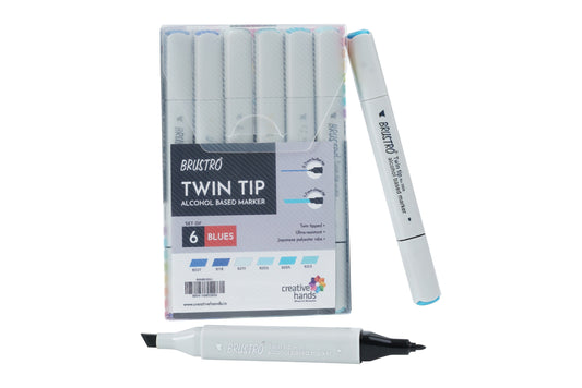 BRUSTRO Twin Tip Alcohol Based Marker Set of 6 (Blues) in Crossline PP See Through Box