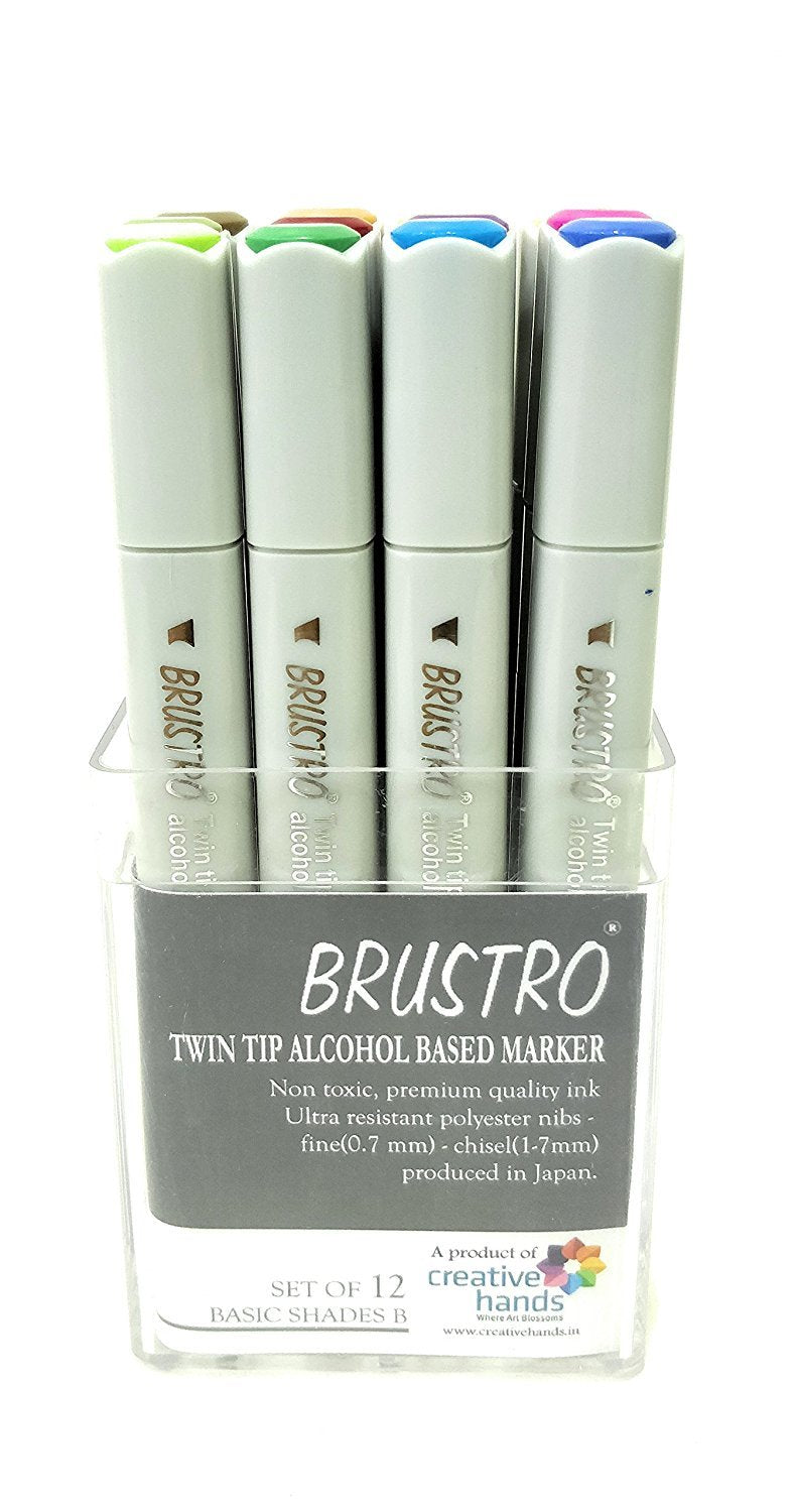 Brustro Twin Tip Alcohol Based Marker Combo of Basic Set of 12 A & 12 B in Crossline PP See Through Box