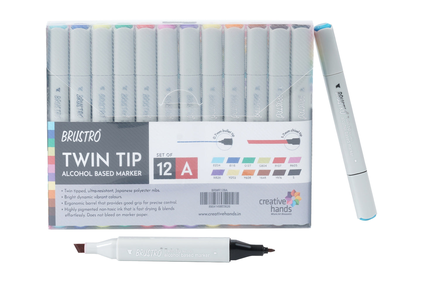 BRUSTRO Twin Tip Alcohol Based Marker Set of 12 - Basic A in Crossline PP See Through Box