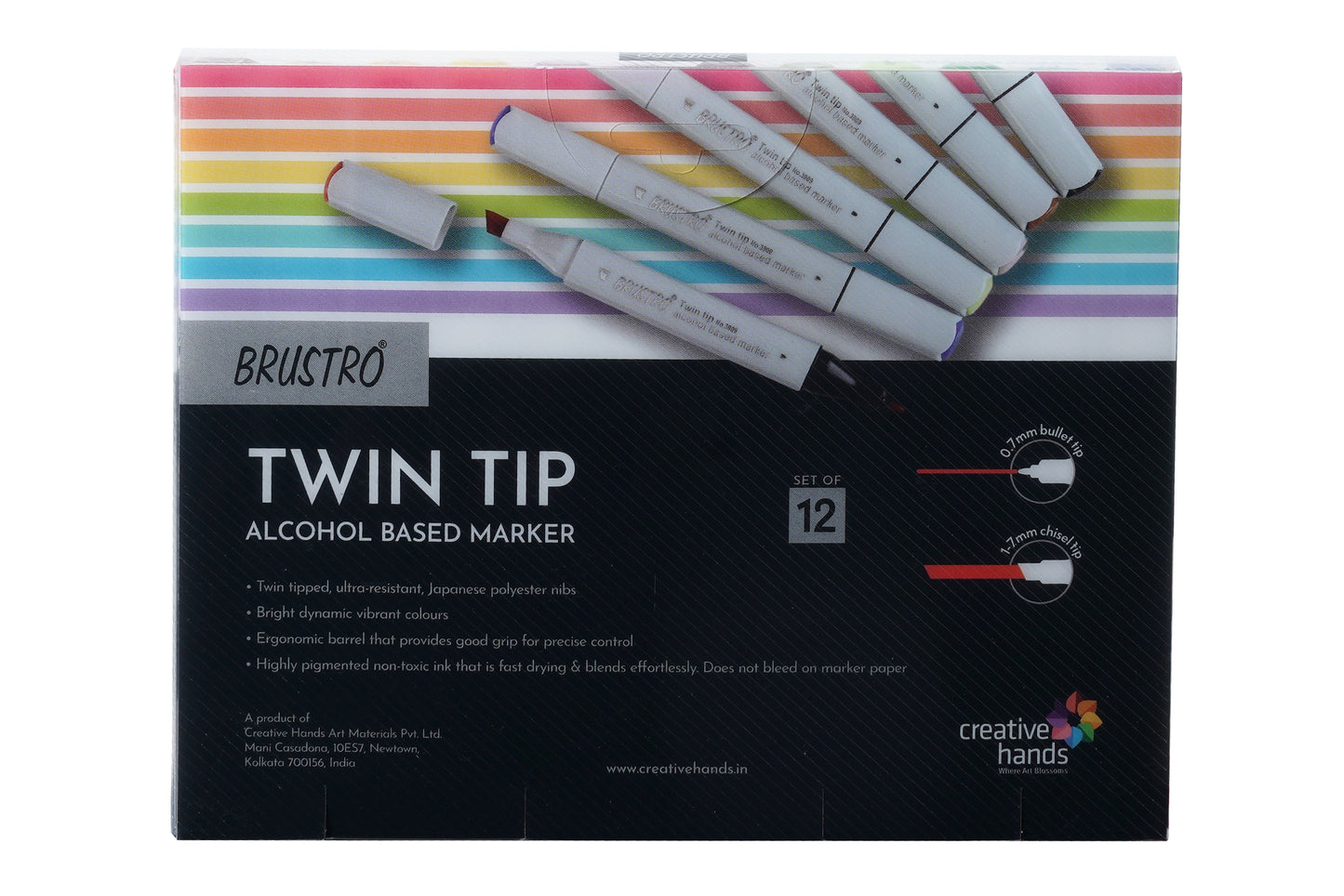 BRUSTRO Twin Tip Alcohol Based Marker Set of 12 - Basic A in Crossline PP See Through Box