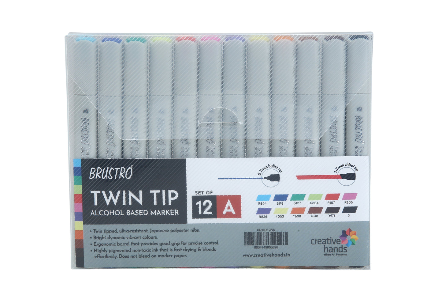 BRUSTRO Twin Tip Alcohol Based Marker Set of 12 - Basic A in Crossline PP See Through Box