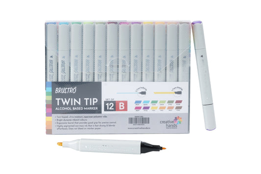 BRUSTRO Twin Tip Alcohol Based Marker Set of 12 - Basic B in Crossline PP See Through Box