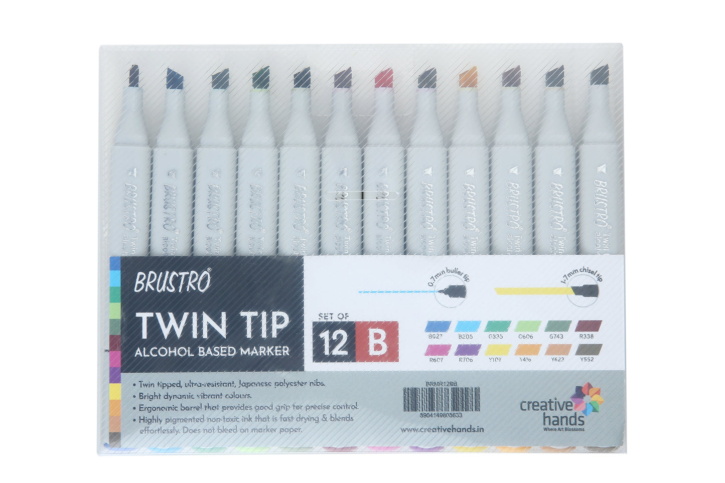 BRUSTRO Twin Tip Alcohol Based Marker Set of 12 - Basic B in Crossline PP See Through Box