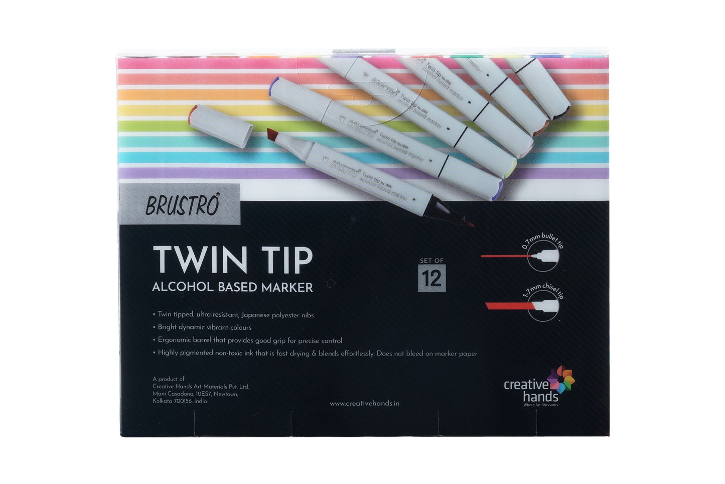 BRUSTRO Twin Tip Alcohol Based Marker Set of 12 - Basic B in Crossline PP See Through Box
