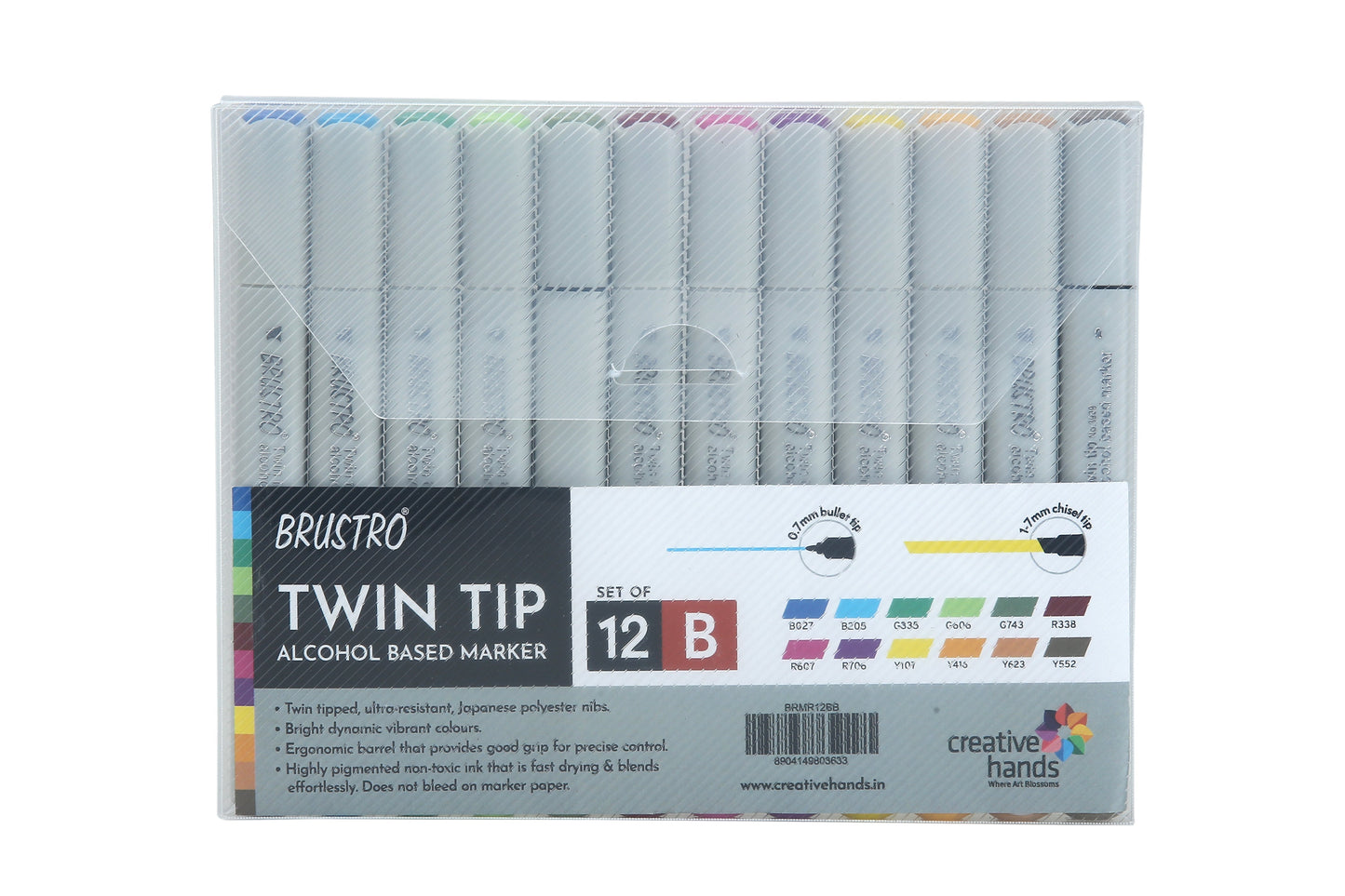 BRUSTRO Twin Tip Alcohol Based Marker Set of 12 - Basic B in Crossline PP See Through Box