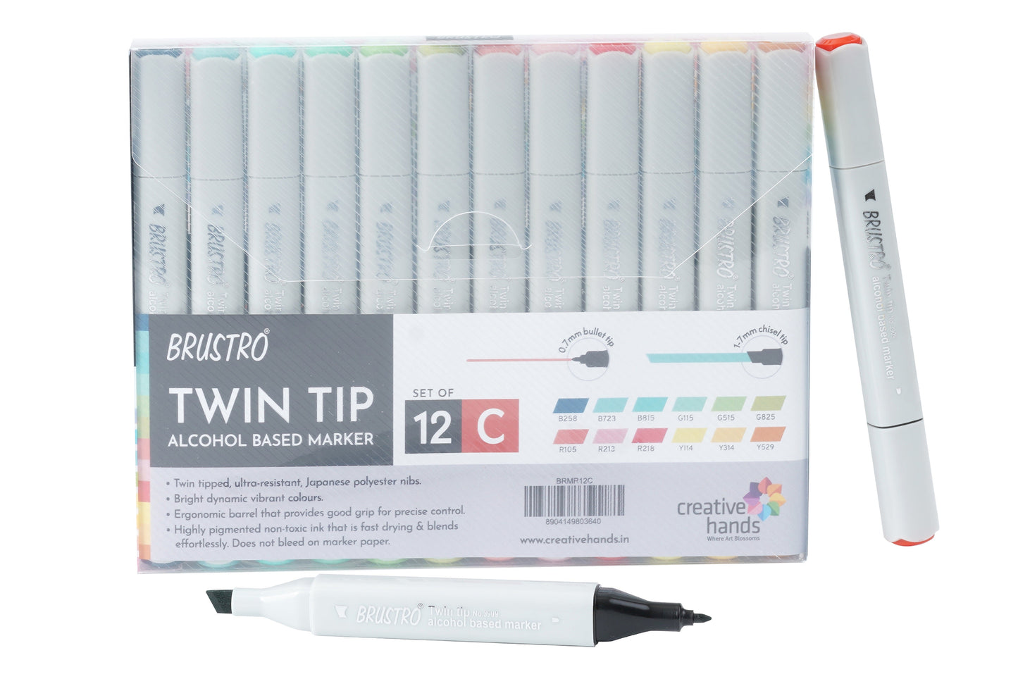 BRUSTRO Twin Tip Alcohol Based Marker Set of 12 Cool & Warm Grey Shades in Crossline PP See Through Box