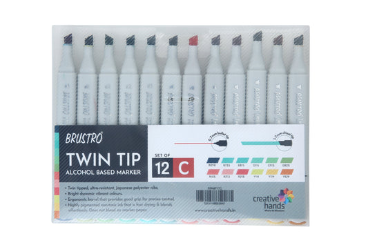 BRUSTRO Twin Tip Alcohol Based Marker Set Of 12 - Basic C in Crossline PP See Through Box