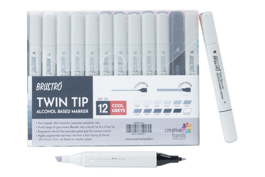 BRUSTRO Twin Tip Alcohol Based Marker Set of 12 - Cool Greys in Crossline PP See Through Box