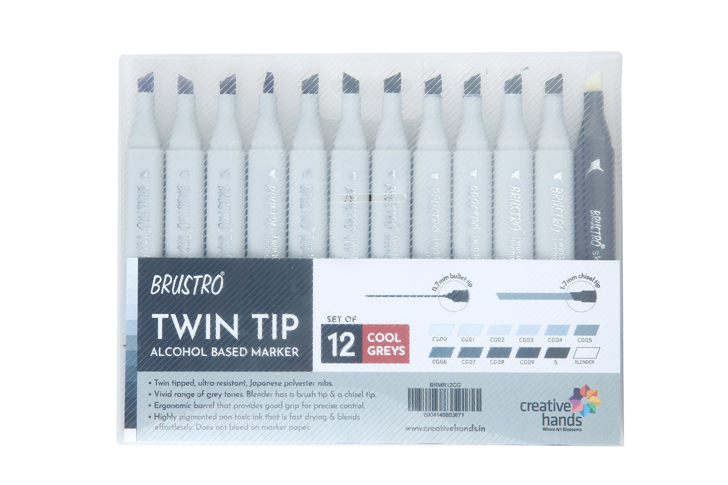 BRUSTRO Twin Tip Alcohol Based Marker Set of 12 - Cool Greys in Crossline PP See Through Box