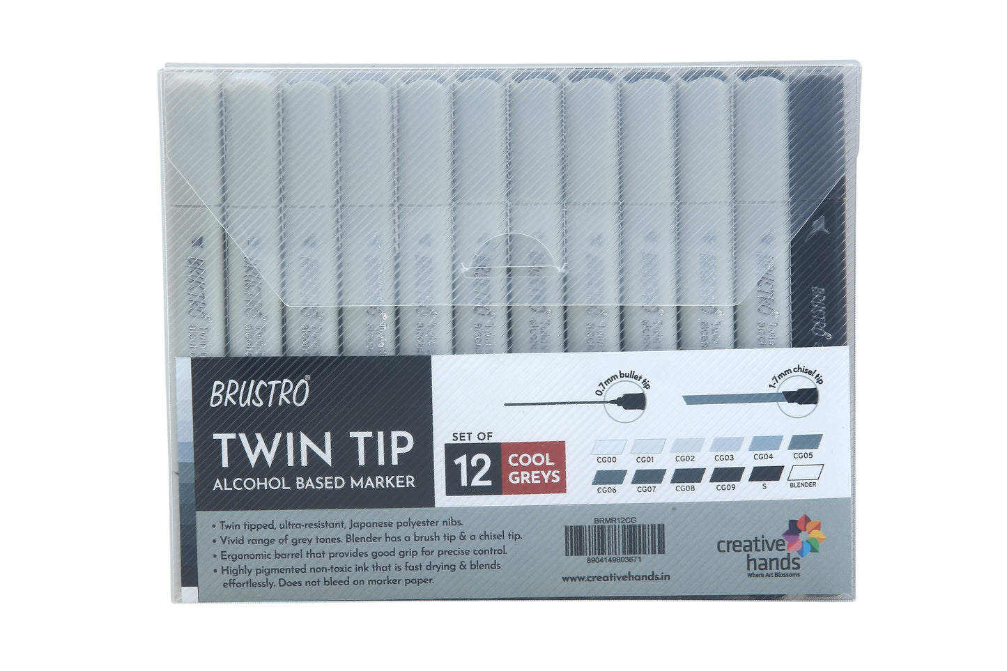 BRUSTRO Twin Tip Alcohol Based Marker Set of 12 - Cool Greys in Crossline PP See Through Box