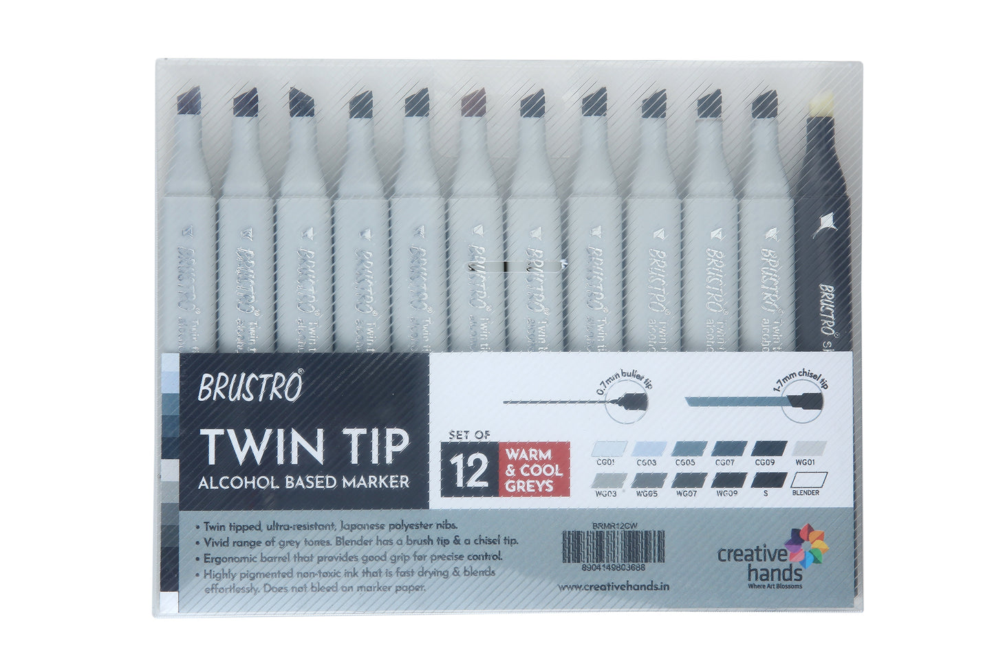 BRUSTRO Twin Tip Alcohol Based Marker Set of 12 Cool & Warm Grey Shades in Crossline PP See Through Box
