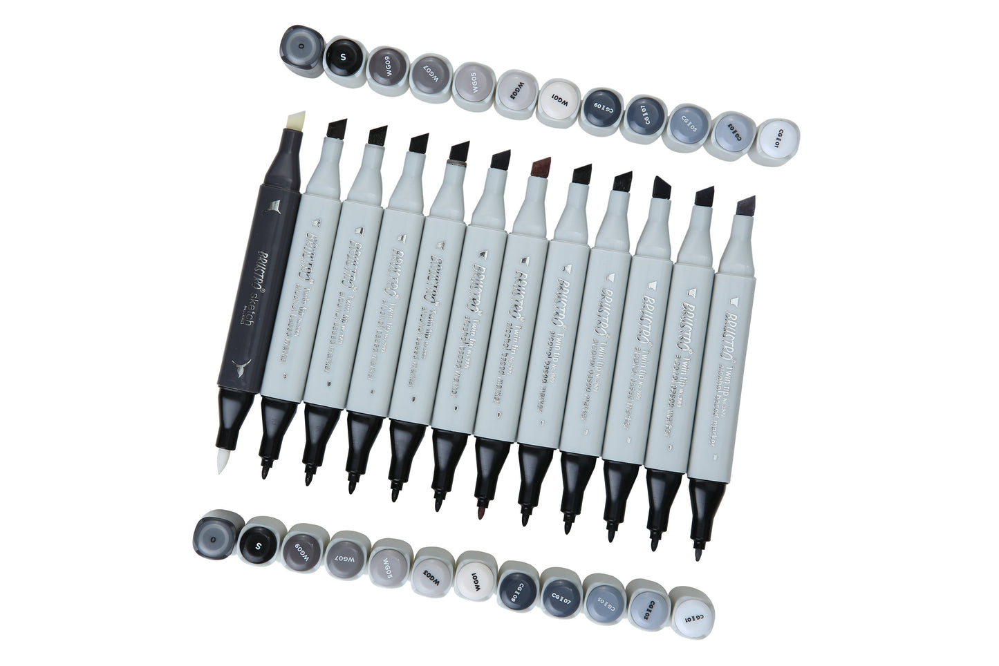 BRUSTRO Twin Tip Alcohol Based Marker Set of 12 Cool & Warm Grey Shades in Crossline PP See Through Box