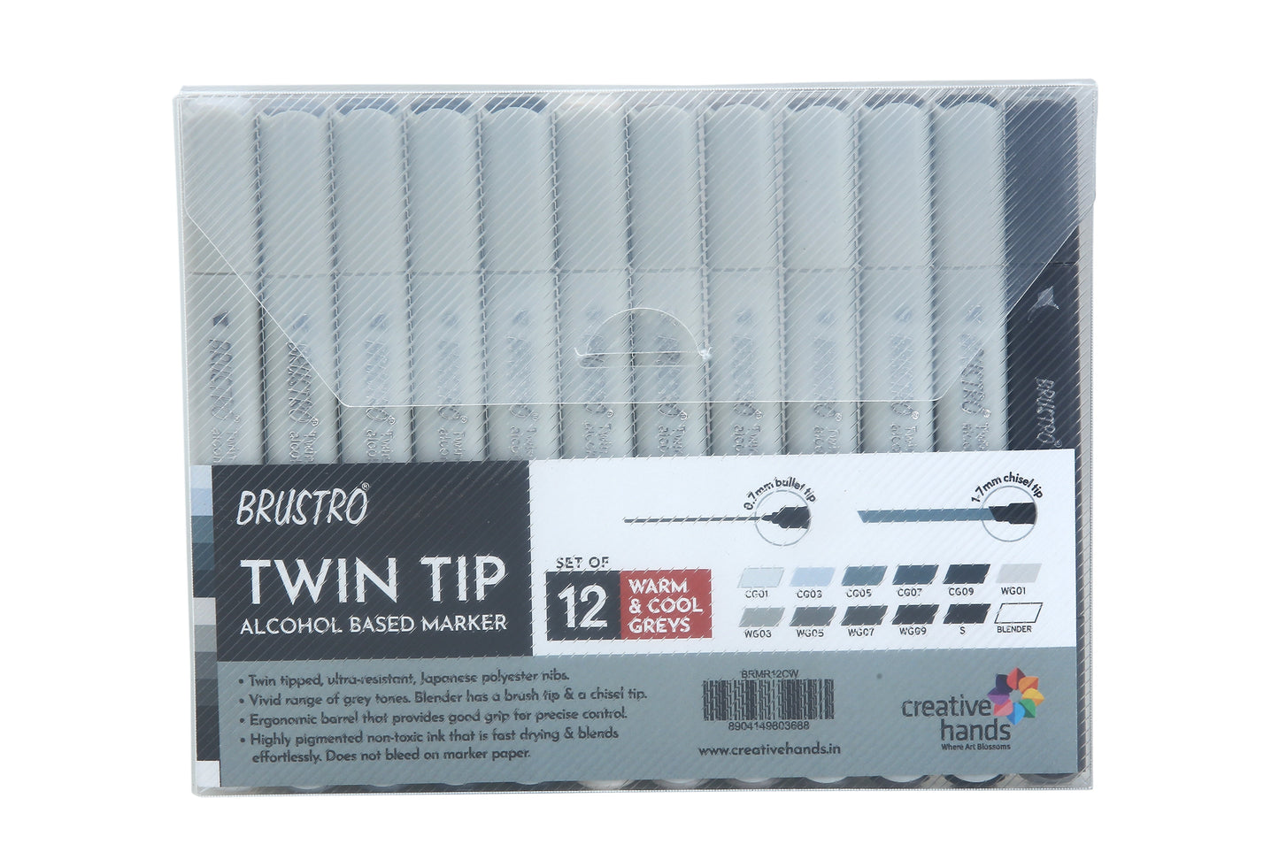 BRUSTRO Twin Tip Alcohol Based Marker Set of 12 Cool & Warm Grey Shades in Crossline PP See Through Box