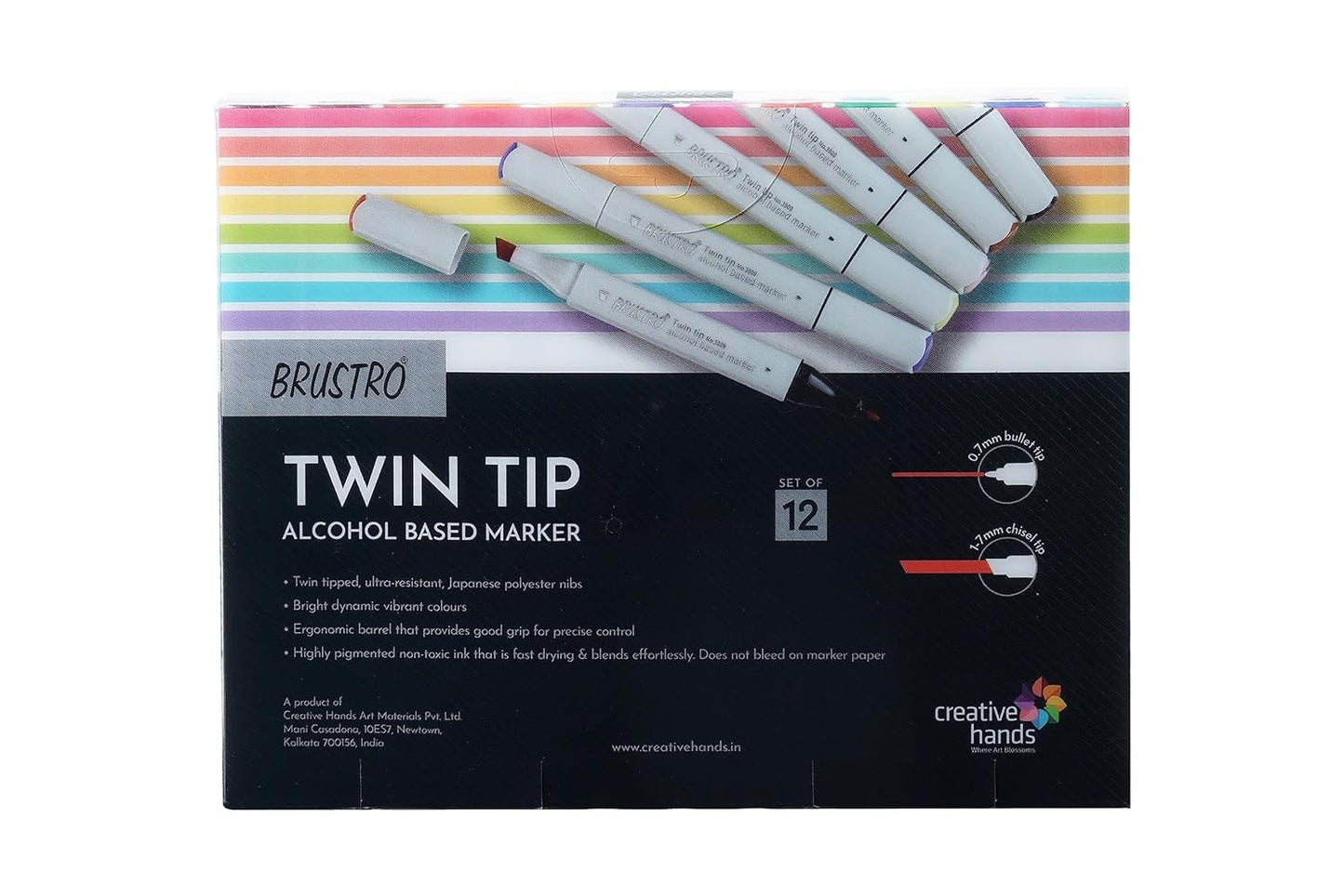 BRUSTRO Twin Tip Alcohol Based Marker Set Of 12 - Basic C in Crossline PP See Through Box