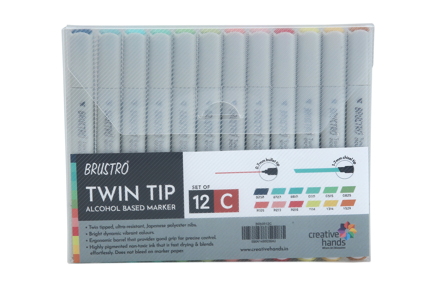 BRUSTRO Twin Tip Alcohol Based Marker Set Of 12 - Basic C in Crossline PP See Through Box