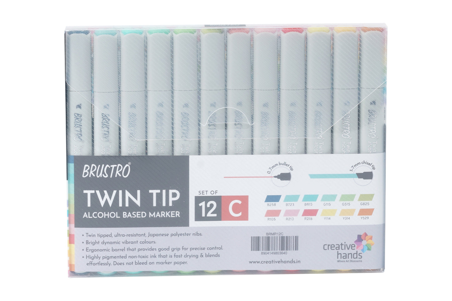 BRUSTRO Twin Tip Alcohol Based Marker Set of 12 Cool & Warm Grey Shades in Crossline PP See Through Box