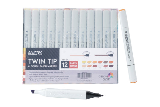 BRUSTRO Twin Tip Alcohol Based Marker Sets Earth Tone (12) in Crossline PP See Through Box
