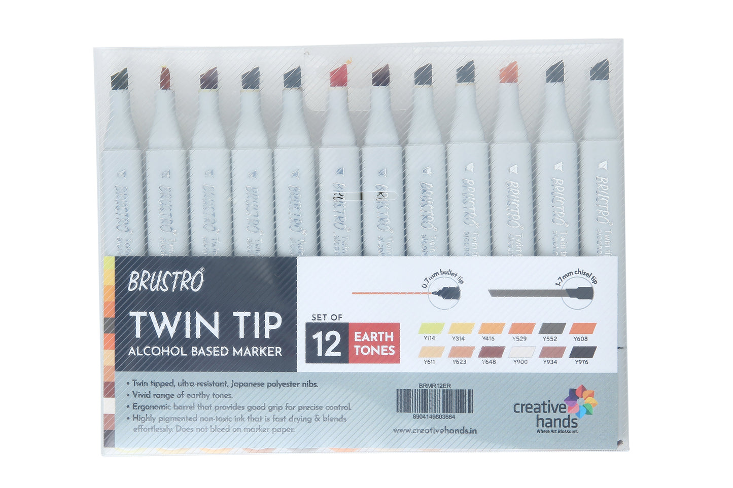 BRUSTRO Twin Tip Alcohol Based Marker Sets Earth Tone (12) in Crossline PP See Through Box