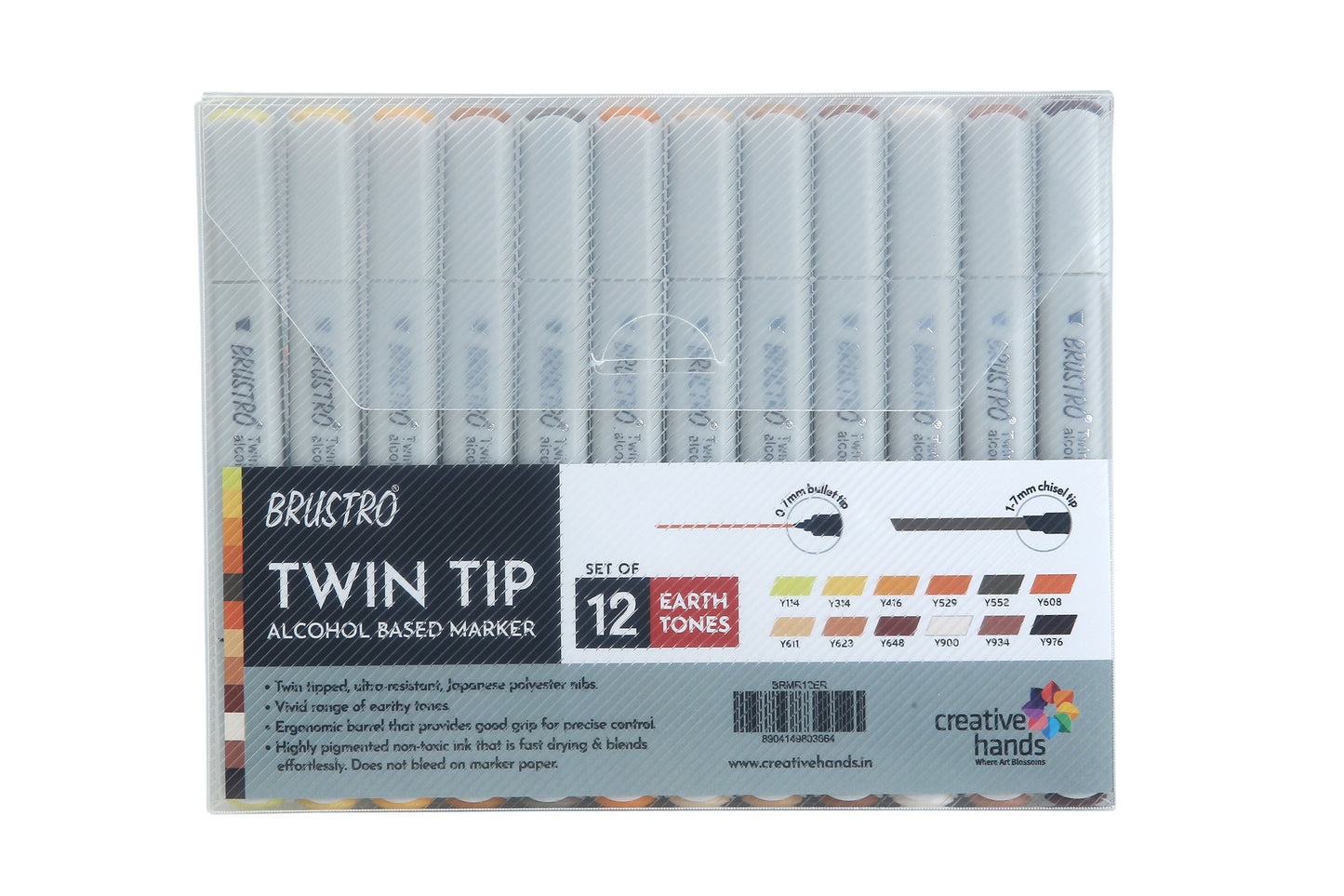 BRUSTRO Twin Tip Alcohol Based Marker Sets Earth Tone (12) in Crossline PP See Through Box