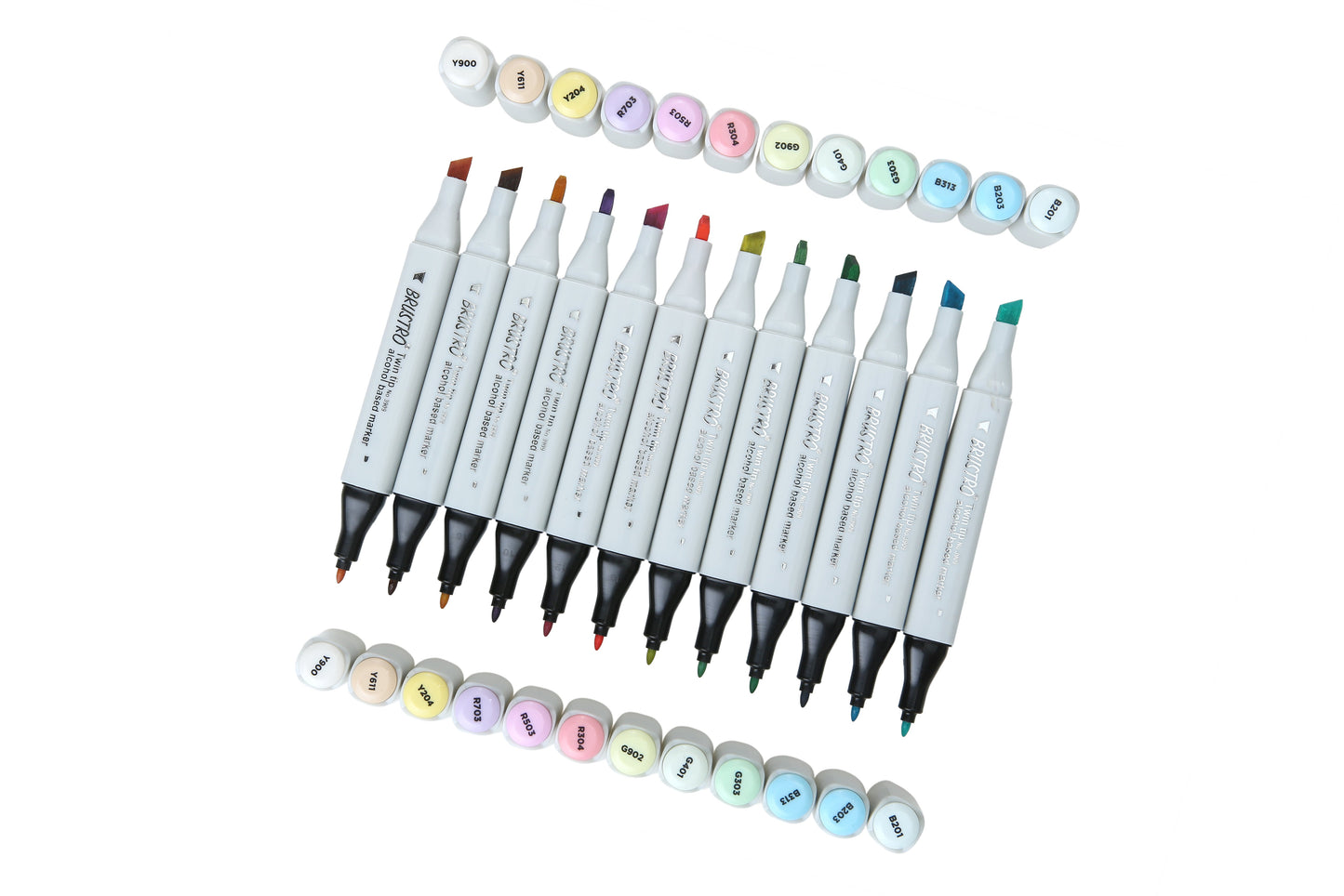 BRUSTRO Twin Tip Alcohol Based Marker Set of 12 - Pastel Tones in Crossline PP See Through Box