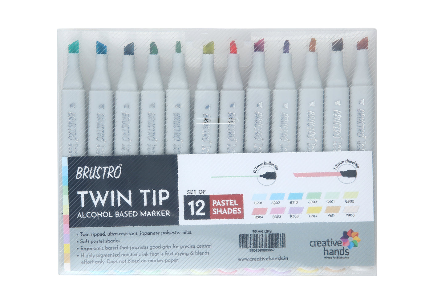 BRUSTRO Twin Tip Alcohol Based Marker Set of 12 - Pastel Tones in Crossline PP See Through Box