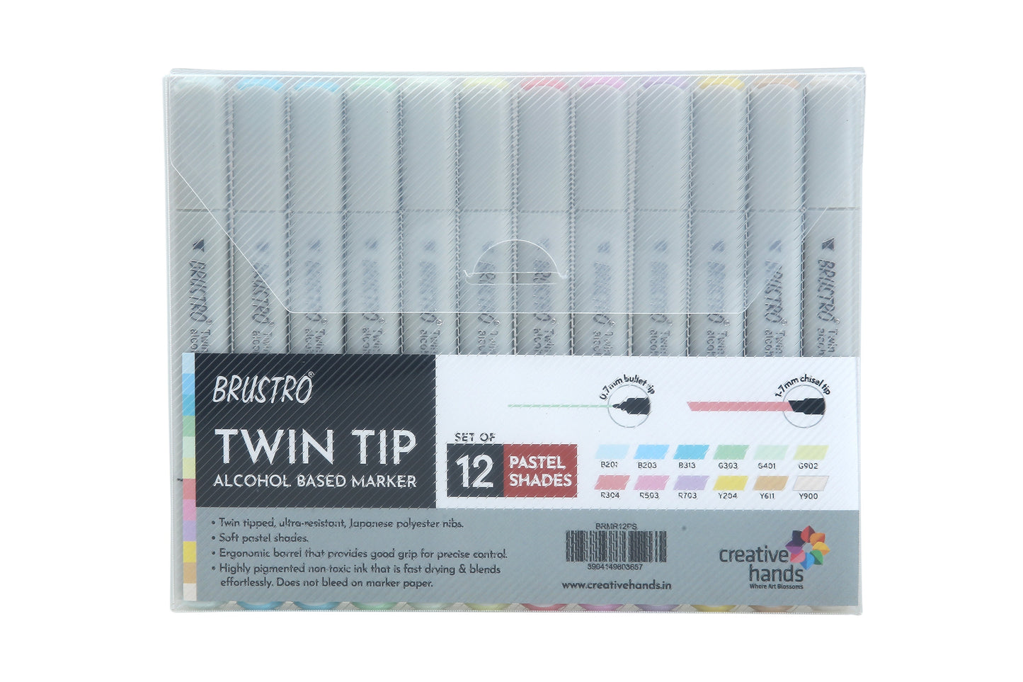 BRUSTRO Twin Tip Alcohol Based Marker Set of 12 - Pastel Tones in Crossline PP See Through Box