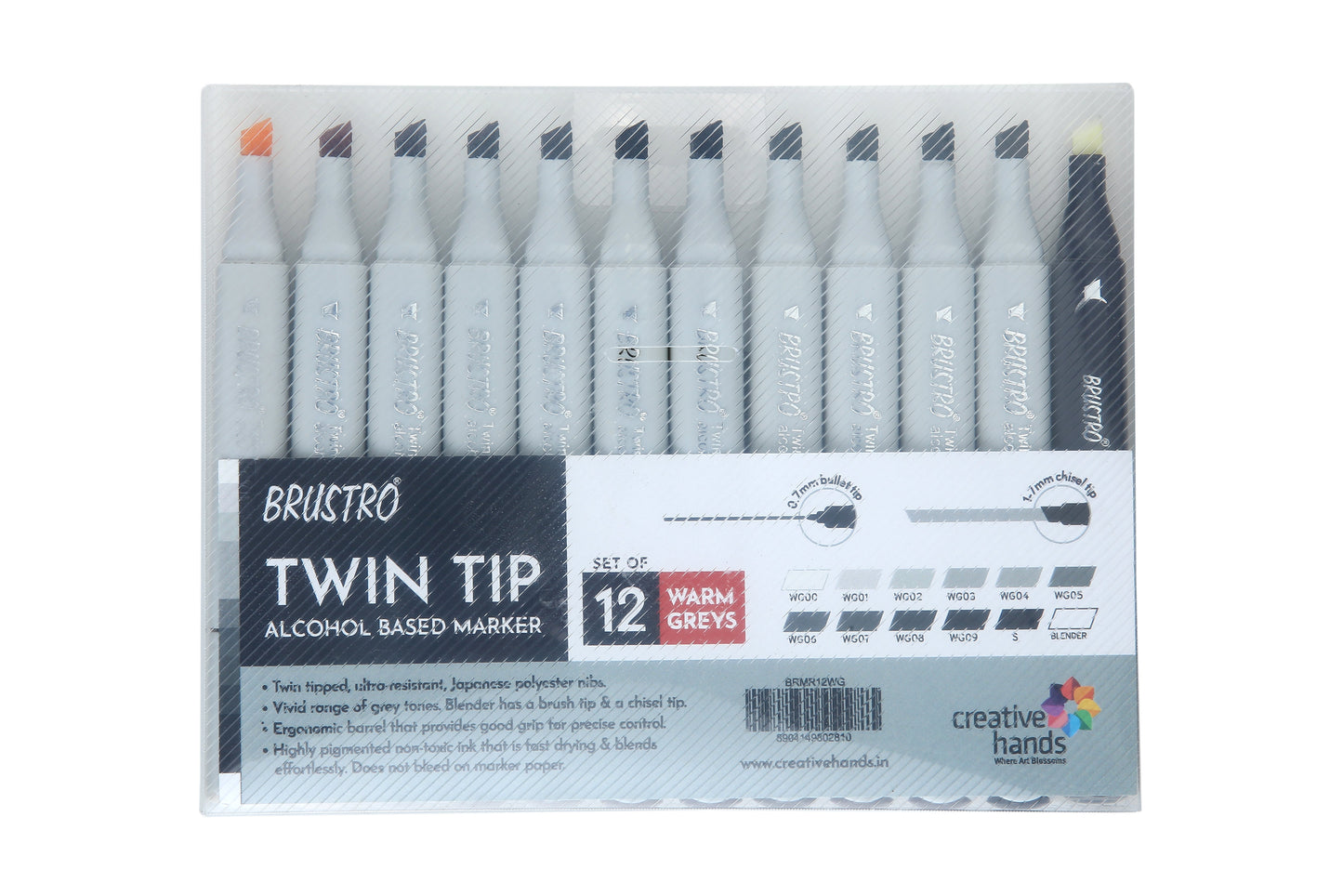 BRUSTRO Twin Tip Alcohol Based Marker Set of 12 - Warm Greys in Crossline PP See Through Box