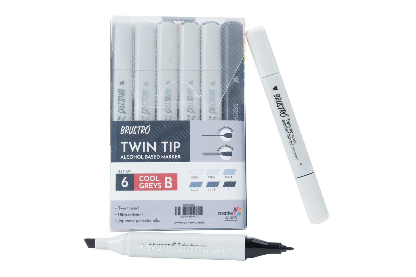 BRUSTRO Twin Tip Alcohol Based Marker Sets (CG B (6)) in Crossline PP See Through Box