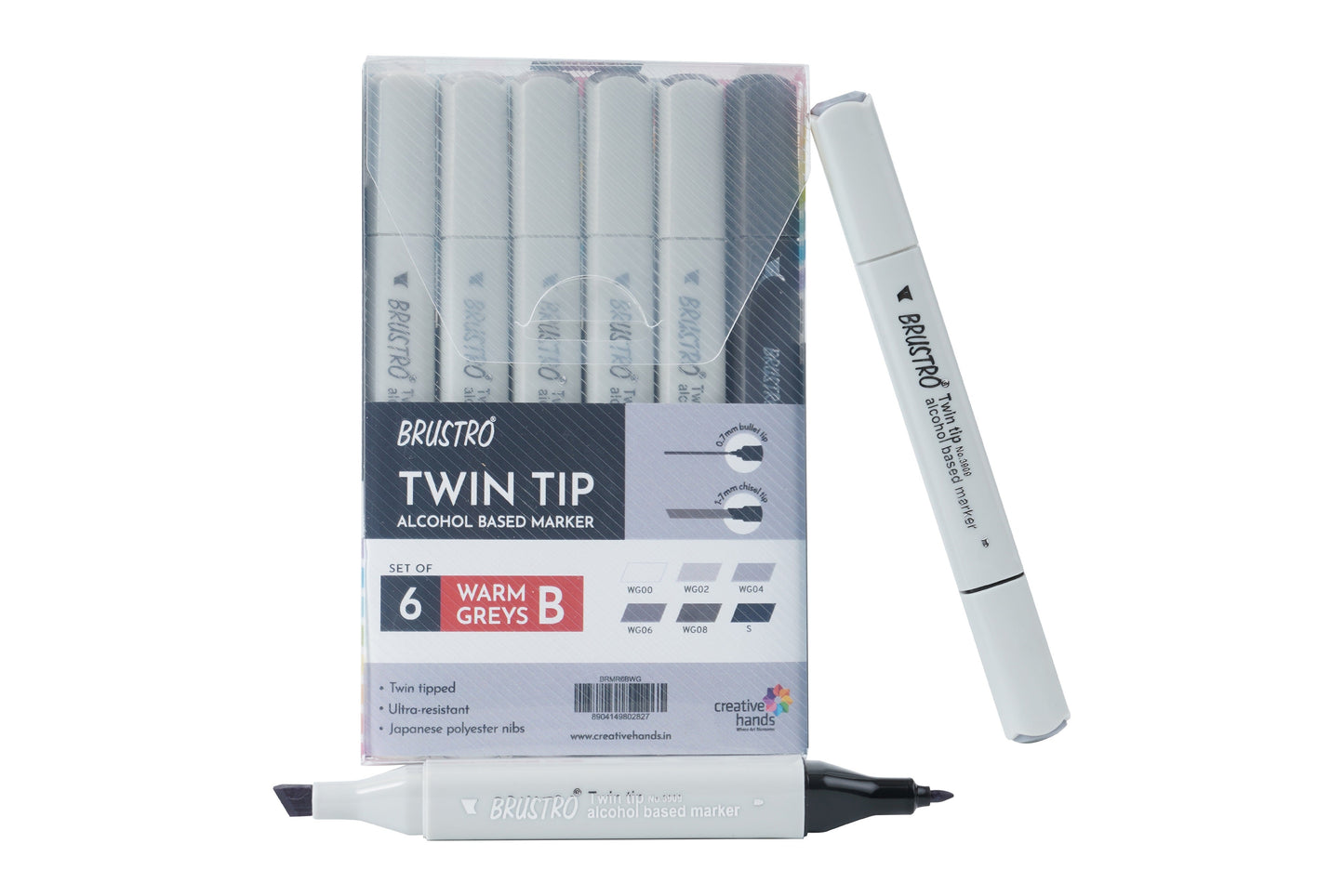 BRUSTRO Twin Tip Alcohol Based Marker Set of 6 - Warm Greys Set B in Crossline PP See Through Box