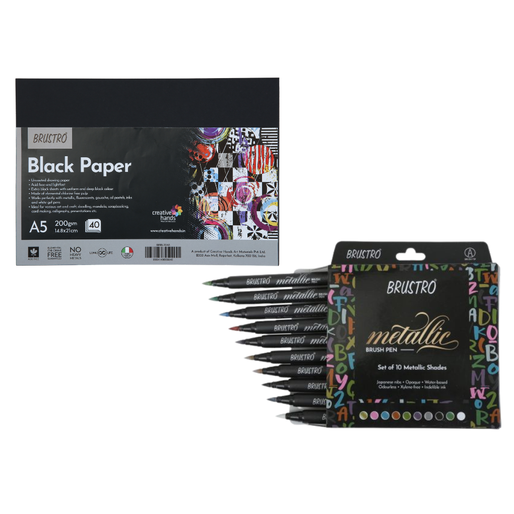 BRUSTRO Metallic Brush Pens Set of 10 Colors with Black Paper A5