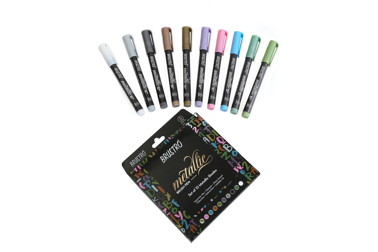 BRUSTRO Metallic Brush Pens - Soft Brush Tip for Calligraphy, Hand Lettering, Colouring, Scrapbooking, Card Making - Set of 10 Colors.
