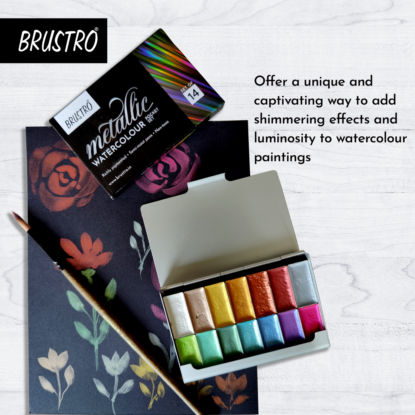 BRUSTRO Artist Metallic Watercolour Half Pans Set of 14