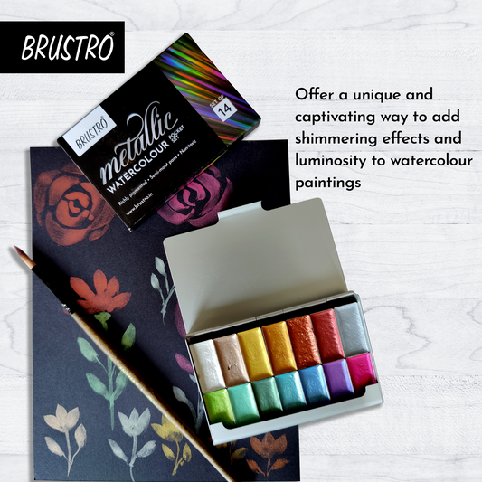 BRUSTRO Artist Metallic Watercolour Half Pans Set of 14