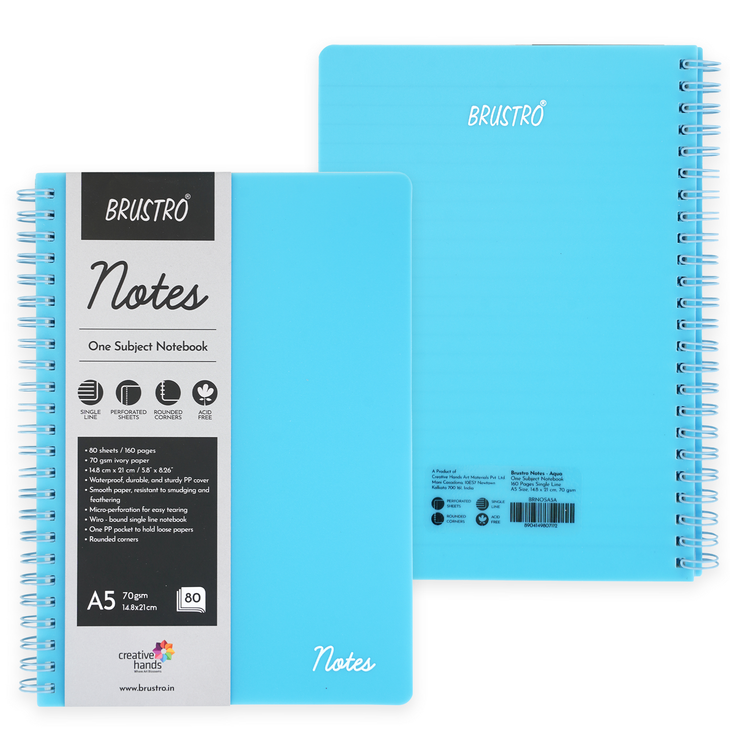 BRUSTRO Notes A5 Size, 1 Subject Ruled Notebook, 80 sheets / 160 pages, 70 gsm ivory paper, Aqua Cover, Wiro Bound Design