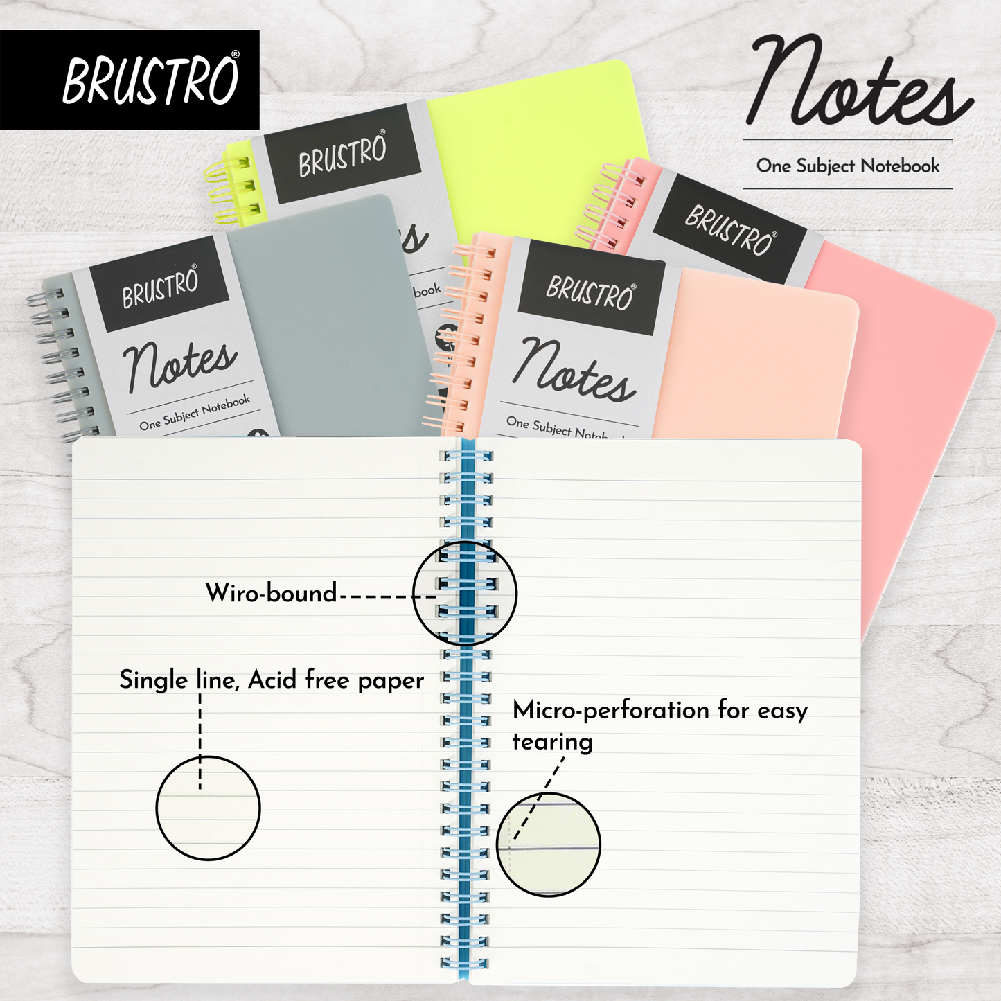 BRUSTRO Notes A5 Size, 1 Subject Ruled Notebook, 80 sheets / 160 pages, 70 gsm ivory paper, Aqua Cover, Wiro Bound Design