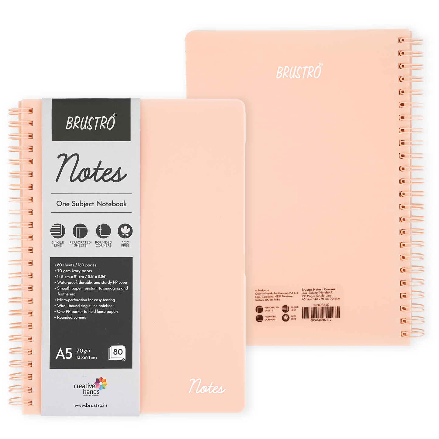 BRUSTRO Notes A5 Size, 1 Subject Ruled Notebook, 80 sheets / 160 pages, 70 gsm Ivory paper, Caramel Cover