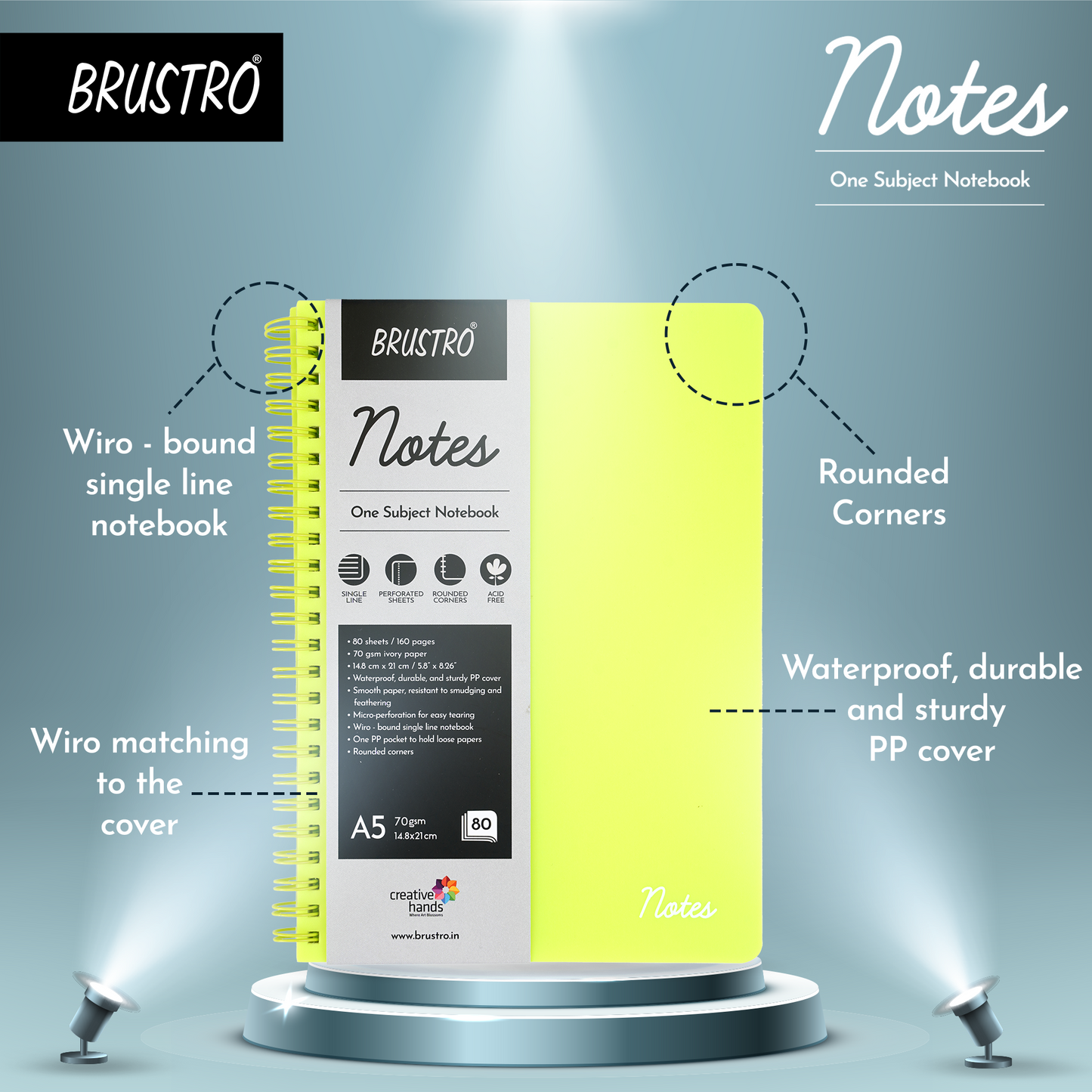 BRUSTRO Notes A5 Size, 1 Subject Ruled Notebook, 80 sheets / 160 pages, 70 gsm ivory paper, Lime Cover,