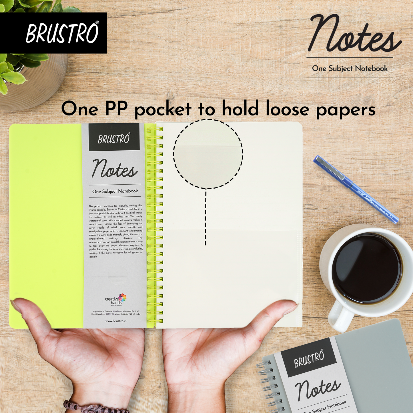 BRUSTRO Notes A5 Size, 1 Subject Ruled Notebook, 80 sheets / 160 pages, 70 gsm ivory paper, Lime Cover,