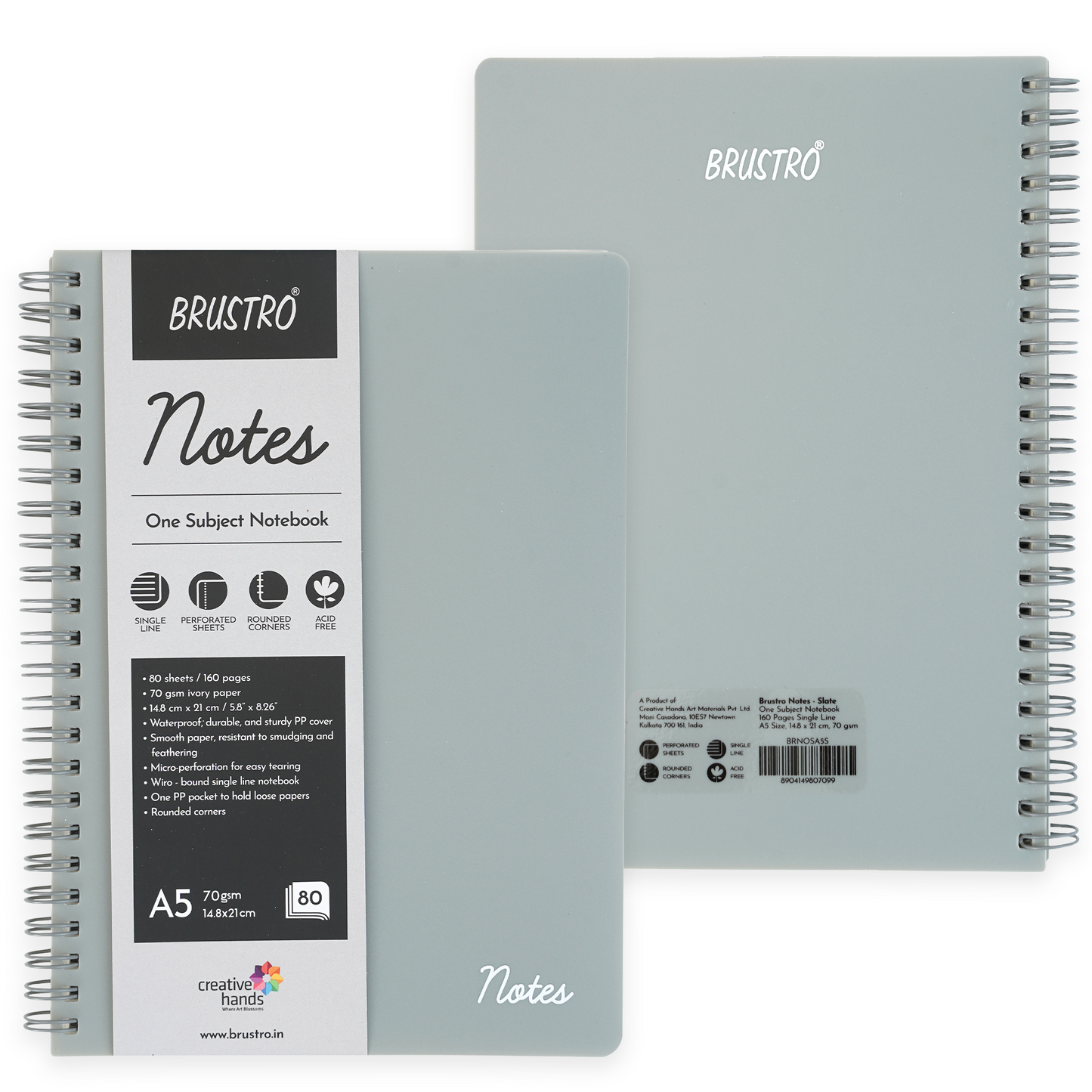 BRUSTRO Notes A5 Size, 1 Subject Ruled Notebook, 80 sheets / 160 pages, 70 gsm Ivory paper, Slate Cover
