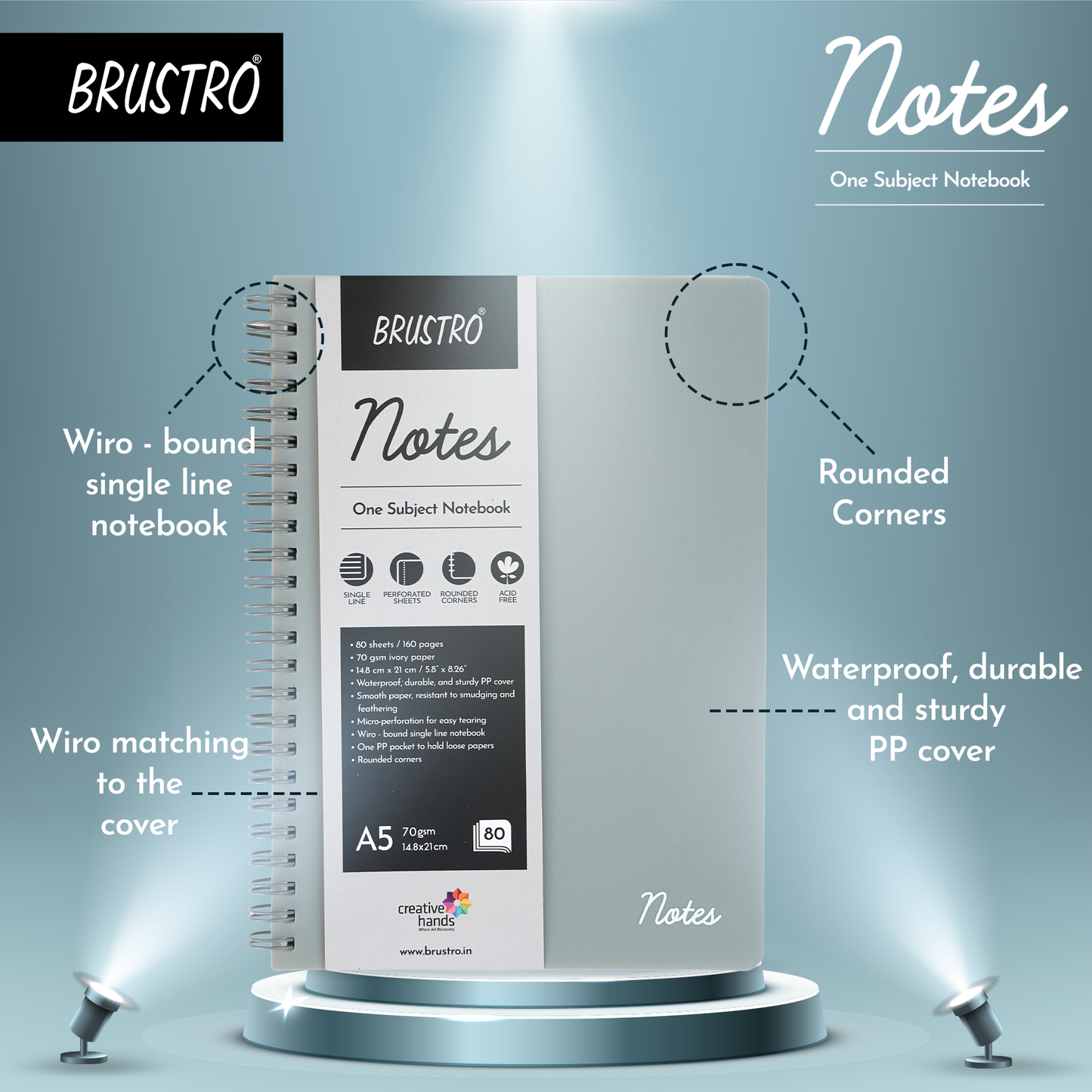 BRUSTRO Notes A5 Size, 1 Subject Ruled Notebook, 80 sheets / 160 pages, 70 gsm Ivory paper, Slate Cover