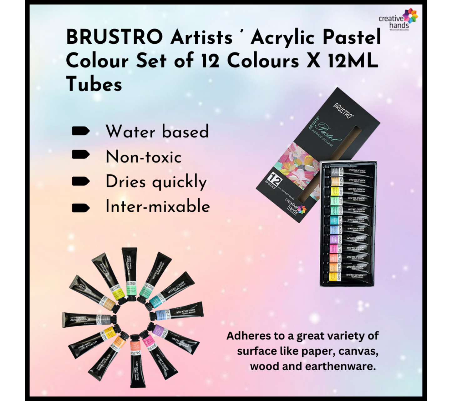 BRUSTRO Artists ’ Acrylic Pastel Colour Set of 12 Colours X 12ML Tubes with 400 GSM A4 Size Paper (Pack of 9 + 3 Free Sheets)