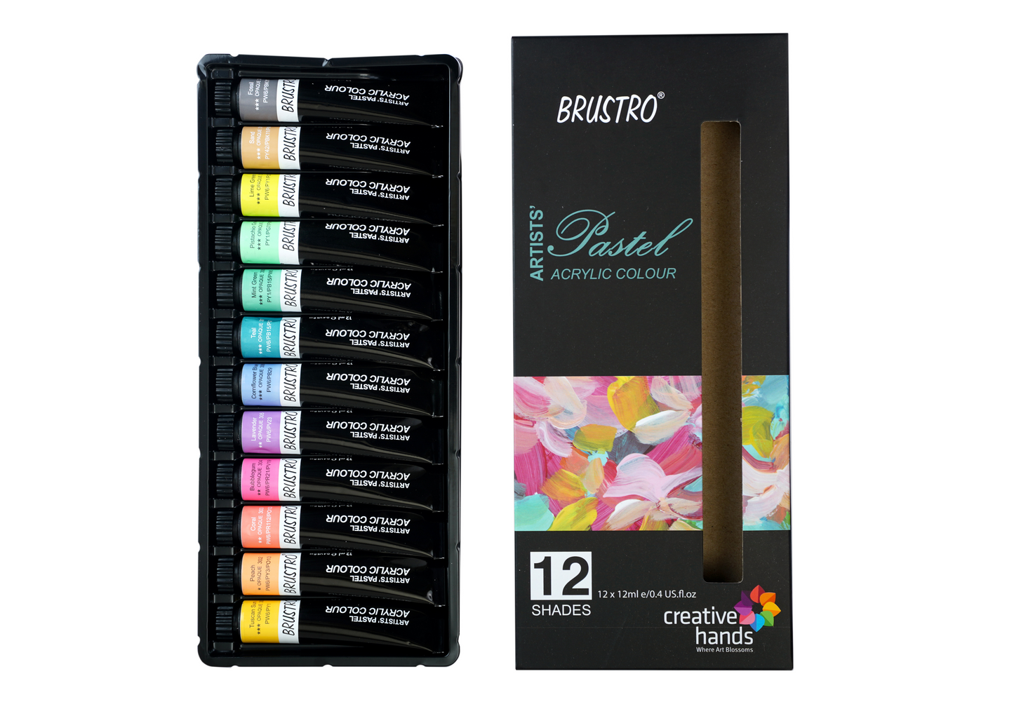 BRUSTRO Artists’ Acrylic Color Set of 12 Colors X 12ML Tubes, Pastel Shades, with 3 Medium Grain 100% Cotton Canvas Boards Sizes (8x10, 10x12, 12x12) Inches