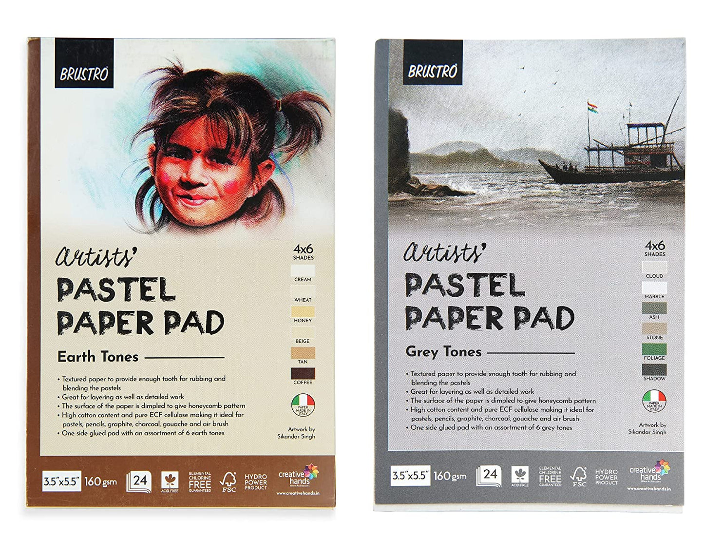 Brustro Artists' Pastel Paper Pad Set of 2, 24 Sheets (160 GSM) Each, Colour - Earth Tones & Grey Tones, Size - 3.5" x 5.5"