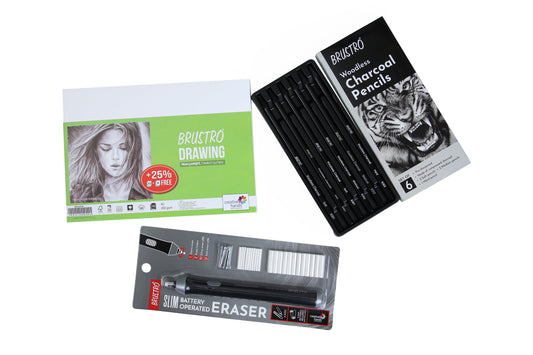 Brustro Slim Battery Operated Eraser + Woodless Charcoal Pencil + A5 Drawing Paper (32+8 Sheets)
