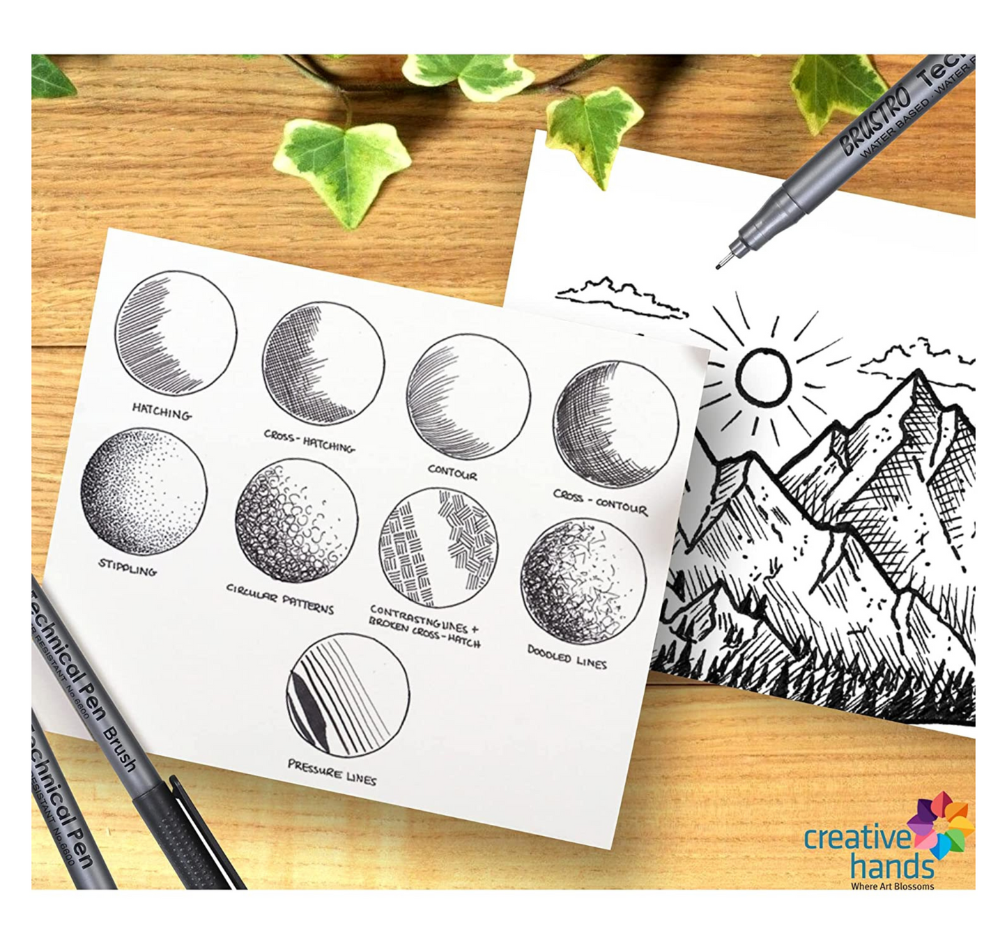 Brustro Technical Pen Fineliner Set|Black| Set of 6|Ideal for Students,Adults|Doodle,Mandala,Fineart,Outline,Waterproof,Architecture,Technical Drawing with Brustro Ultra Smooth Bristol 250 GSM A4 - (Pack of 12 Sheets)