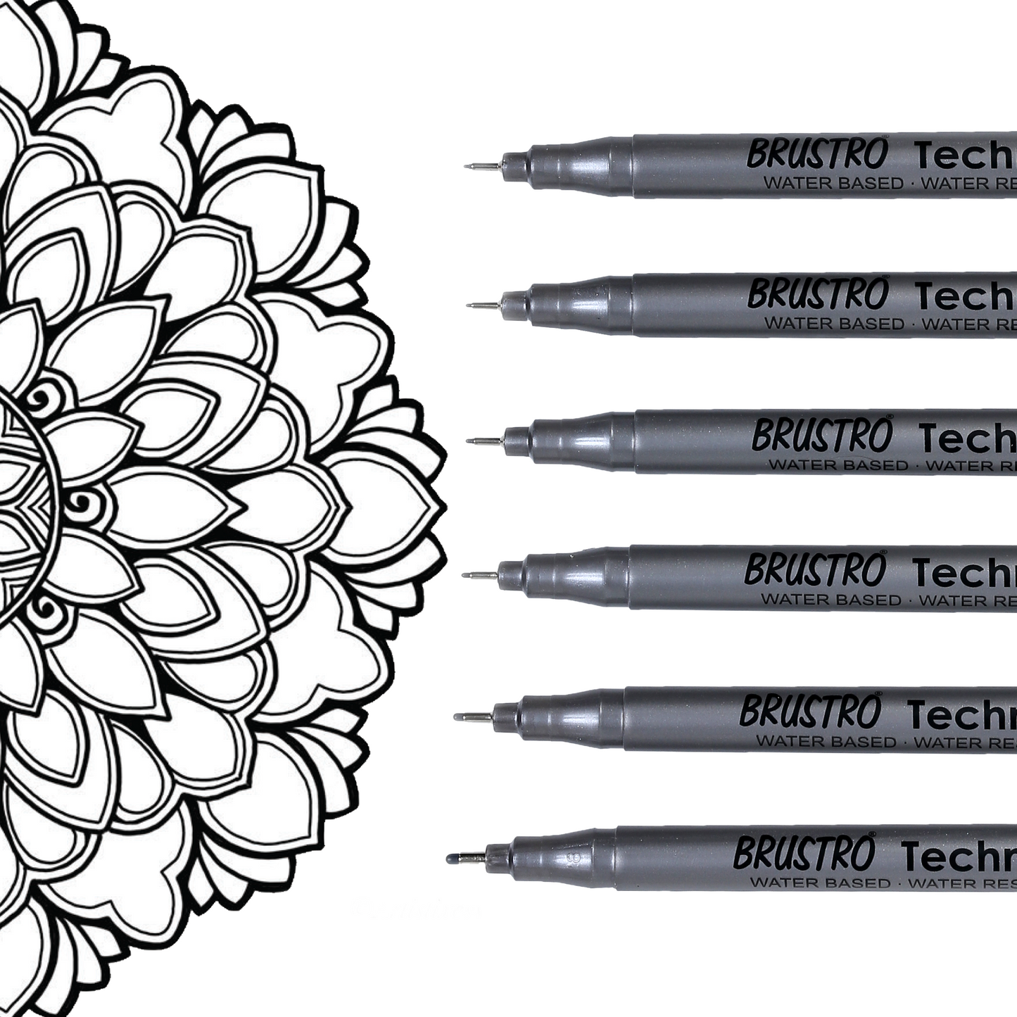 BRUSTRO Technical Pen Fineliner Set|Black| Set of 6| Tip Size- 0.05mmI0.1mmI0.2mm|0.3mmI0.5mmI0.8mm|Ideal for Students,Adults|Doodle,Mandala,Fineart,Outline,Waterproof,Architecture,Technical Drawing
